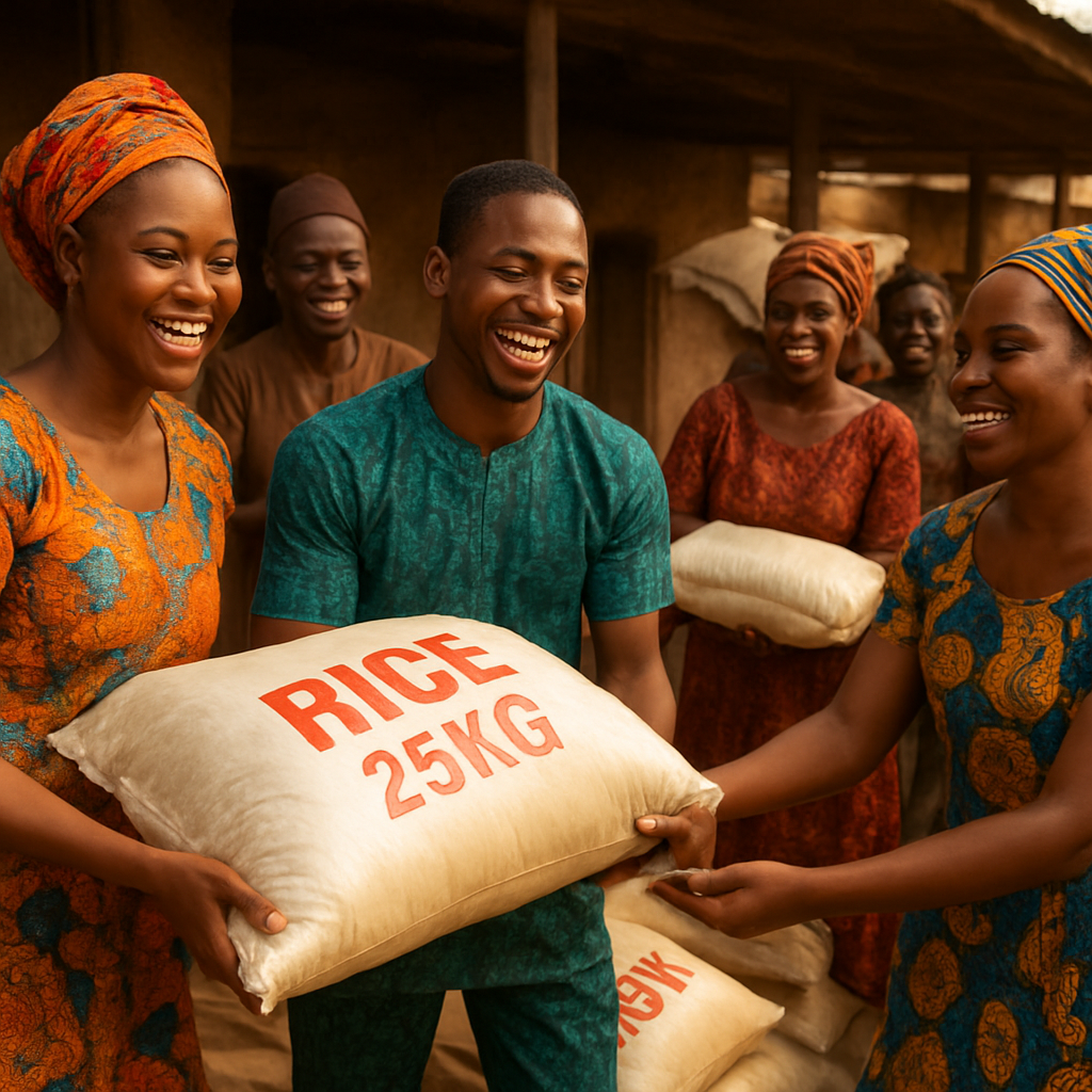 People sharing bulk goods including rice, oil, beverages and tin tomatoes